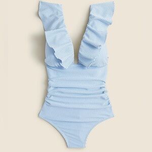 NWT J. Crew Preppy Striped Seersucker Ruffle Strap V Neck One Piece Swimsuit